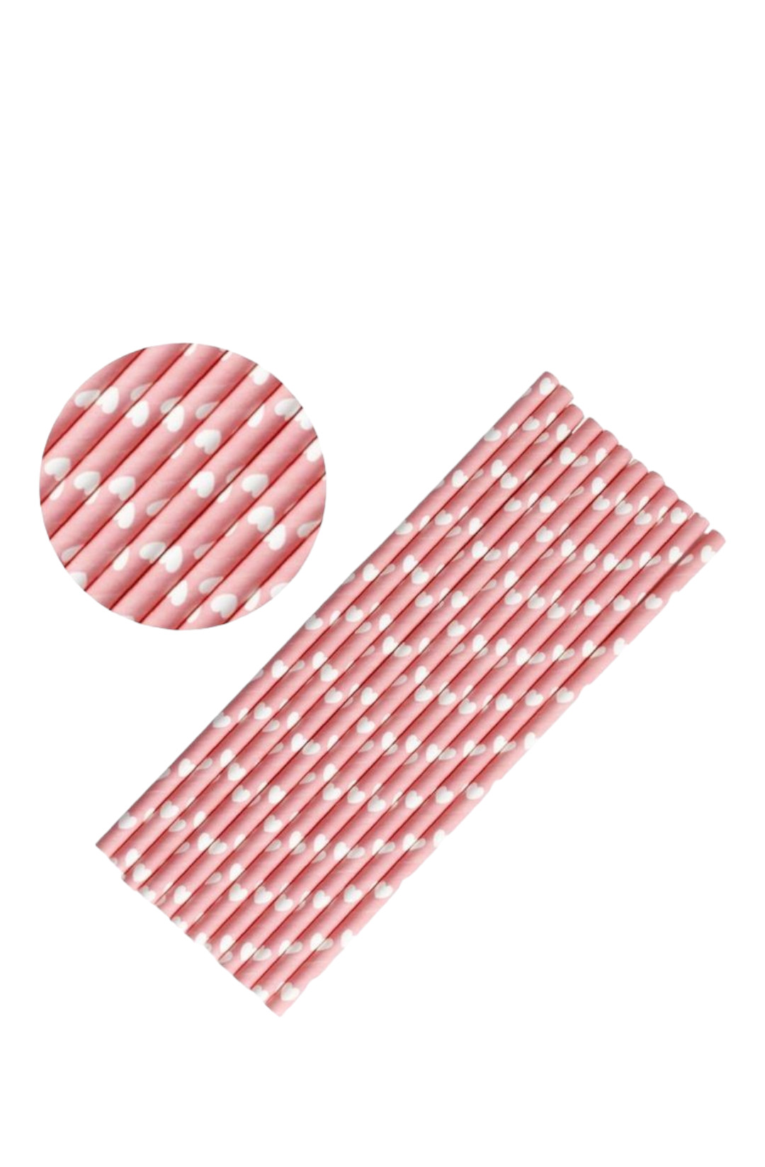 Papirne slamčice roze sa bijelim srcima 20cm